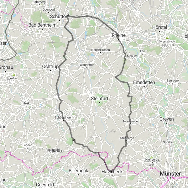 Map miniature of "Extended Road Trip: Havixbeck to Rheine" cycling inspiration in Münster, Germany. Generated by Tarmacs.app cycling route planner