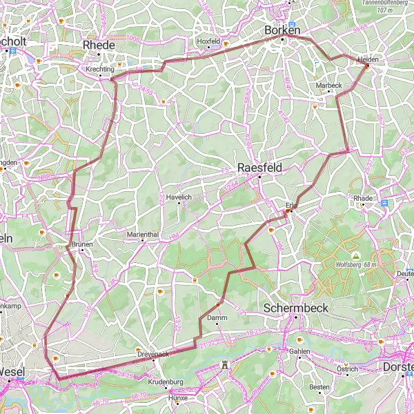 Map miniature of "Heiden Gravel Escape" cycling inspiration in Münster, Germany. Generated by Tarmacs.app cycling route planner