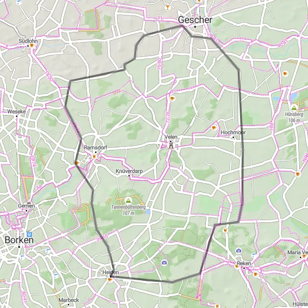 Map miniature of "Lünsberg and Teufelsteine Challenge" cycling inspiration in Münster, Germany. Generated by Tarmacs.app cycling route planner