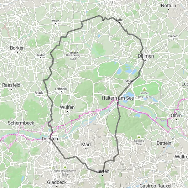 Map miniature of "Challenging Road Cycling Tour from Herten" cycling inspiration in Münster, Germany. Generated by Tarmacs.app cycling route planner