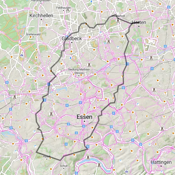 Karten-Miniaturansicht der Radinspiration "Die Gelsenkirchen und Gladbeck Tour" in Münster, Germany. Erstellt vom Tarmacs.app-Routenplaner für Radtouren
