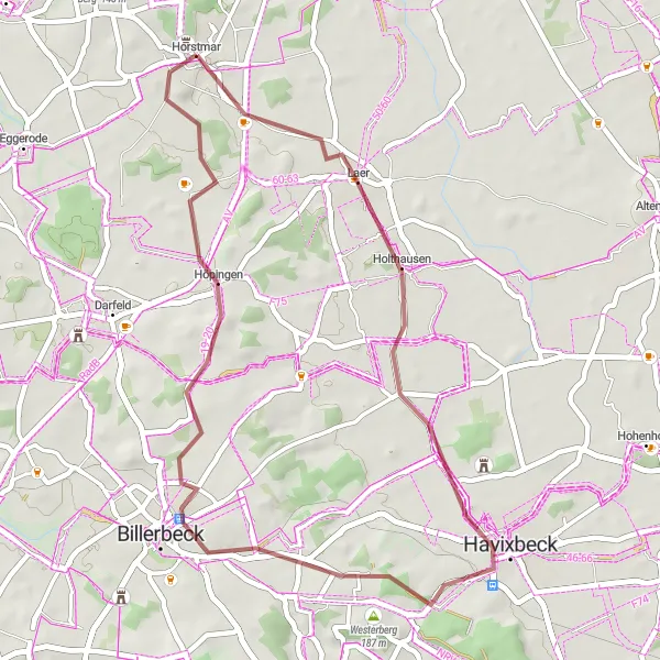 Map miniature of "Gravel Adventure near Horstmar" cycling inspiration in Münster, Germany. Generated by Tarmacs.app cycling route planner