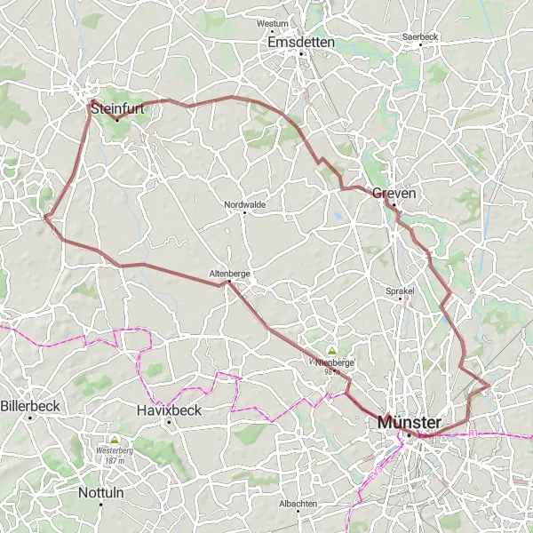 Map miniature of "Gravel Adventure: Conquer the Untouched Beauty" cycling inspiration in Münster, Germany. Generated by Tarmacs.app cycling route planner