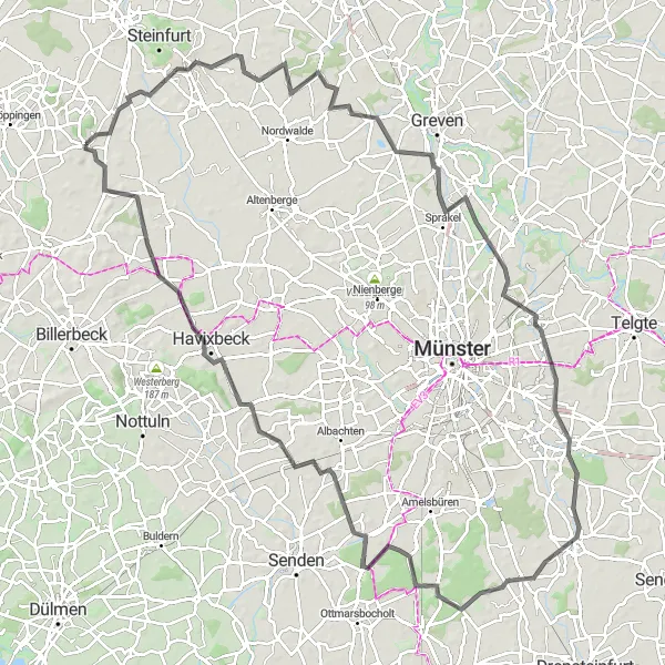 Map miniature of "Holperige Zitter-Strecke" cycling inspiration in Münster, Germany. Generated by Tarmacs.app cycling route planner