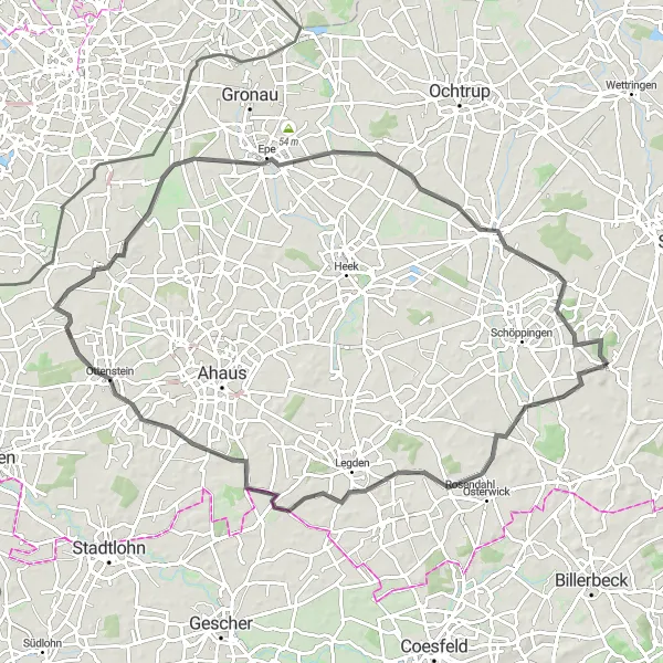 Map miniature of "Scenic Loop to Schöppinger Berg" cycling inspiration in Münster, Germany. Generated by Tarmacs.app cycling route planner