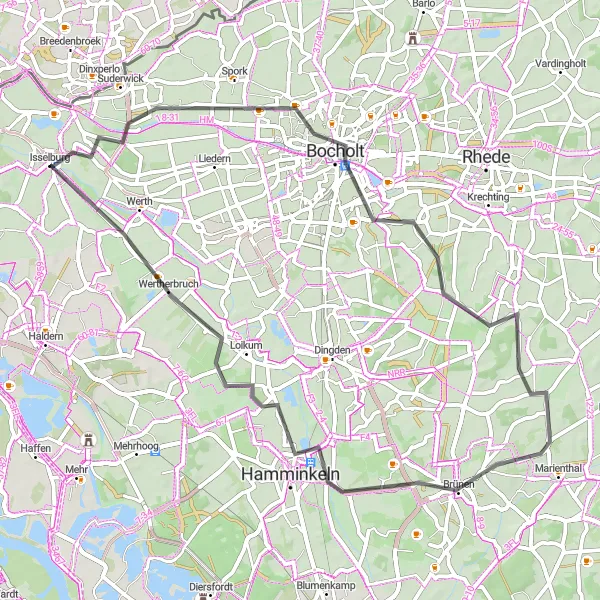 Map miniature of "Bocholt to Wertherbruch Loop" cycling inspiration in Münster, Germany. Generated by Tarmacs.app cycling route planner