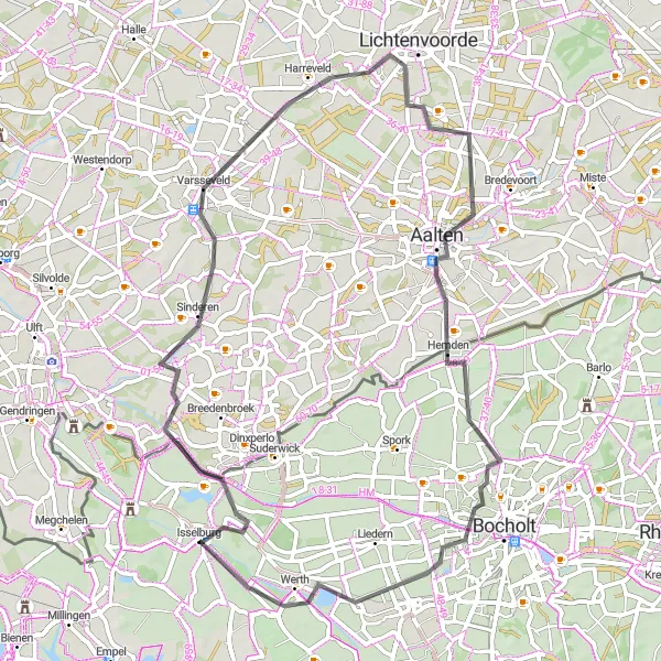 Map miniature of "Discovering the Hidden Trails of Sinderen" cycling inspiration in Münster, Germany. Generated by Tarmacs.app cycling route planner