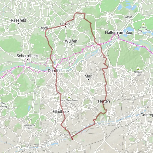 Karten-Miniaturansicht der Radinspiration "Gravel-Tour durchs Ruhrgebiet" in Münster, Germany. Erstellt vom Tarmacs.app-Routenplaner für Radtouren
