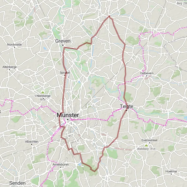 Map miniature of "Westbevern Gravel Loop" cycling inspiration in Münster, Germany. Generated by Tarmacs.app cycling route planner