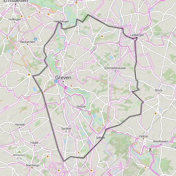 Map miniature of "Gelmer Loop" cycling inspiration in Münster, Germany. Generated by Tarmacs.app cycling route planner