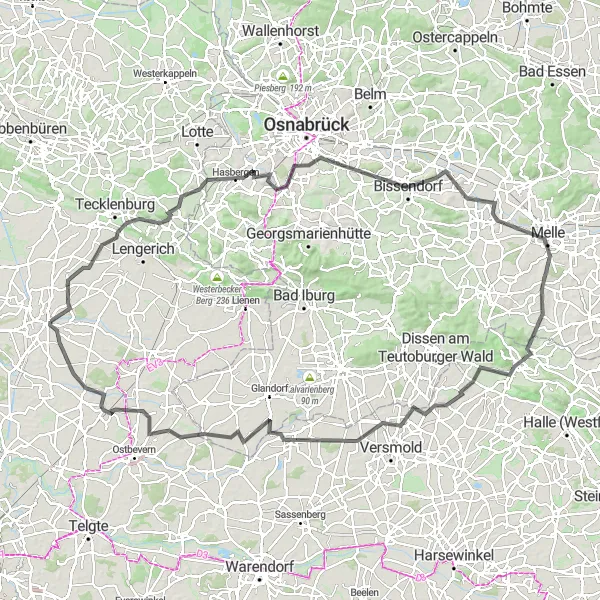 Map miniature of "Leedener Berg and Schölerberg Road Route" cycling inspiration in Münster, Germany. Generated by Tarmacs.app cycling route planner