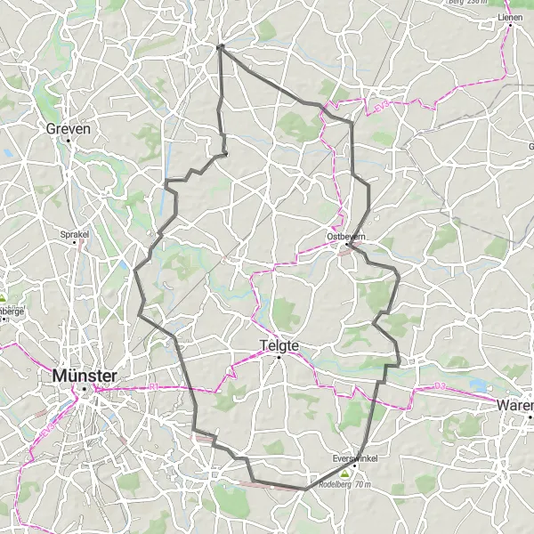 Map miniature of "Ostbevern and Ladbergen Scenic Road Route" cycling inspiration in Münster, Germany. Generated by Tarmacs.app cycling route planner