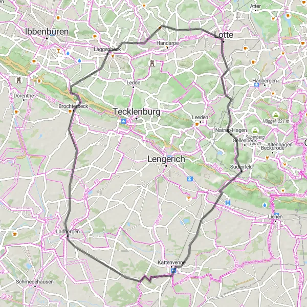 Map miniature of "Brochterbeck and Lotte Circular Road Route" cycling inspiration in Münster, Germany. Generated by Tarmacs.app cycling route planner