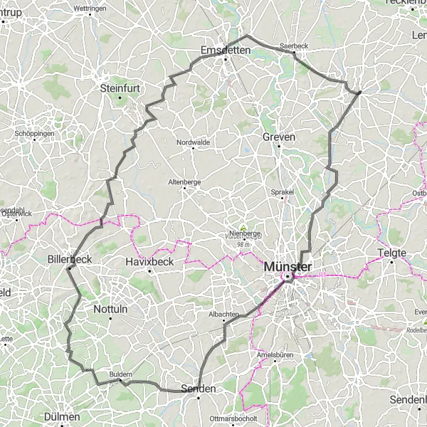 Map miniature of "Discover Münster and Emsdetten Road Route" cycling inspiration in Münster, Germany. Generated by Tarmacs.app cycling route planner