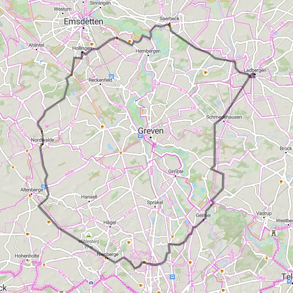 Map miniature of "The Ladbergen Circuit" cycling inspiration in Münster, Germany. Generated by Tarmacs.app cycling route planner