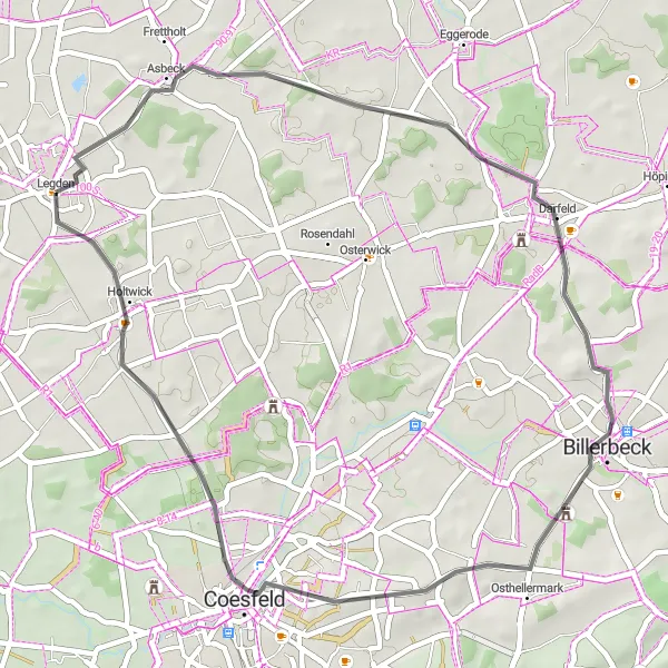 Map miniature of "Legden to Darfeld" cycling inspiration in Münster, Germany. Generated by Tarmacs.app cycling route planner