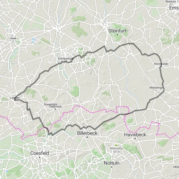 Map miniature of "Varied Woods and Historic Towns" cycling inspiration in Münster, Germany. Generated by Tarmacs.app cycling route planner