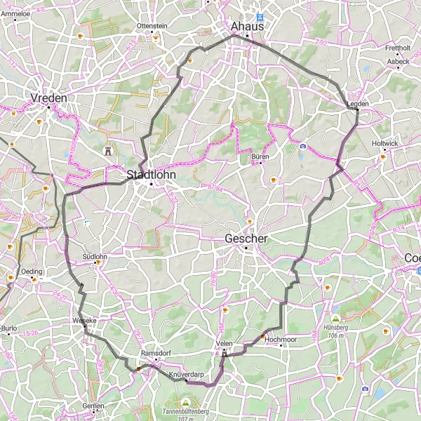 Map miniature of "Hidden Gems Along Country Lanes" cycling inspiration in Münster, Germany. Generated by Tarmacs.app cycling route planner