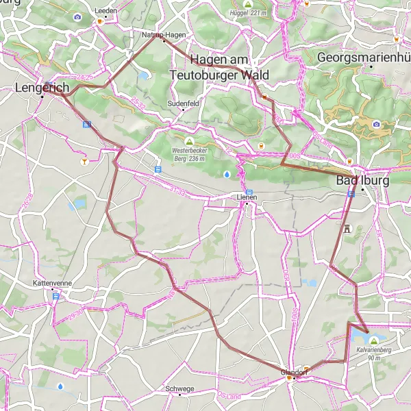 Map miniature of "Teutoburger Wald Gravel Adventure" cycling inspiration in Münster, Germany. Generated by Tarmacs.app cycling route planner