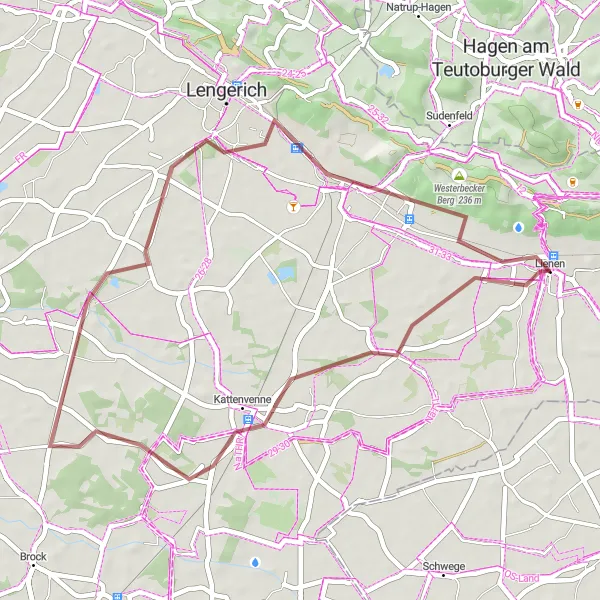 Map miniature of "Lienen Gravel Route" cycling inspiration in Münster, Germany. Generated by Tarmacs.app cycling route planner