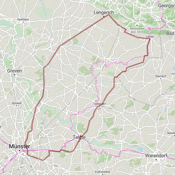 Map miniature of "Lienen Adventure Ride" cycling inspiration in Münster, Germany. Generated by Tarmacs.app cycling route planner