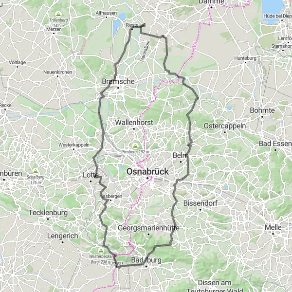 Karten-Miniaturansicht der Radinspiration "Radrunde durch das Osnabrücker Land" in Münster, Germany. Erstellt vom Tarmacs.app-Routenplaner für Radtouren