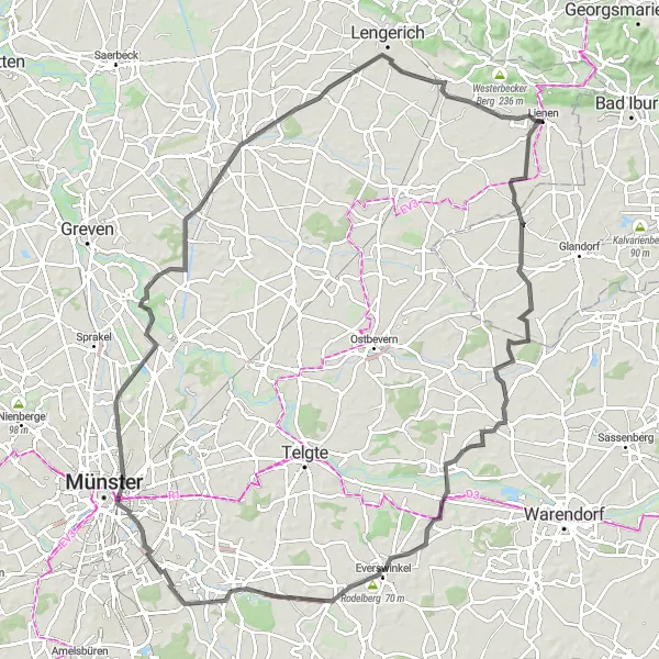 Map miniature of "Tecklenburg Avenue" cycling inspiration in Münster, Germany. Generated by Tarmacs.app cycling route planner