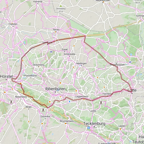 Map miniature of "Laggenbeck-Kalköfen-Birgter Berg-Gravenhorst-Uffeln-Steinbeck-Westerkappeln-Lotte" cycling inspiration in Münster, Germany. Generated by Tarmacs.app cycling route planner