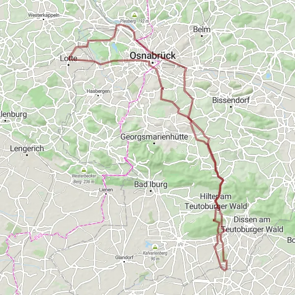 Karten-Miniaturansicht der Radinspiration "Herausfordernde Tour durch Osnabrück und Hilter" in Münster, Germany. Erstellt vom Tarmacs.app-Routenplaner für Radtouren