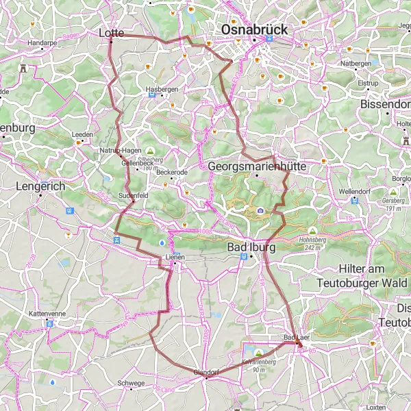 Map miniature of "Scenic Gravel Ride from Lotte to Osterberg" cycling inspiration in Münster, Germany. Generated by Tarmacs.app cycling route planner