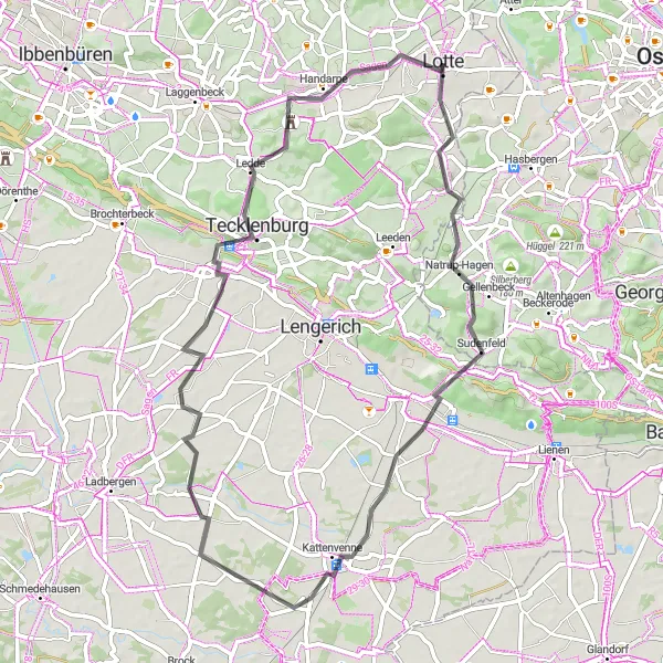 Map miniature of "Münster-Mittelberg-Sudenfeld-Kattenvenne-Tecklenburg" cycling inspiration in Münster, Germany. Generated by Tarmacs.app cycling route planner