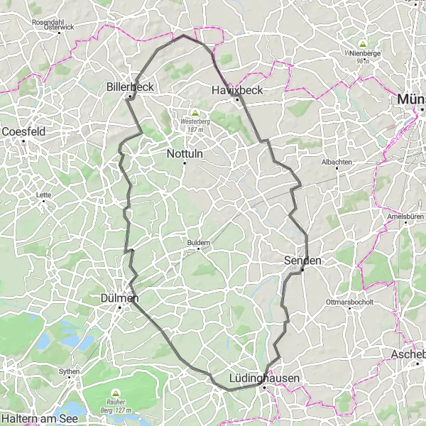 Map miniature of "Burg Lüdinghausen and Senden Road Route" cycling inspiration in Münster, Germany. Generated by Tarmacs.app cycling route planner