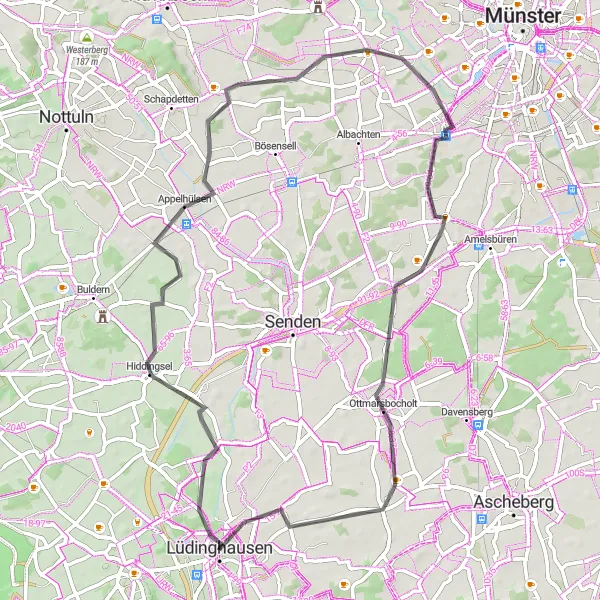 Map miniature of "Vischering Castle and Roxel Loop" cycling inspiration in Münster, Germany. Generated by Tarmacs.app cycling route planner