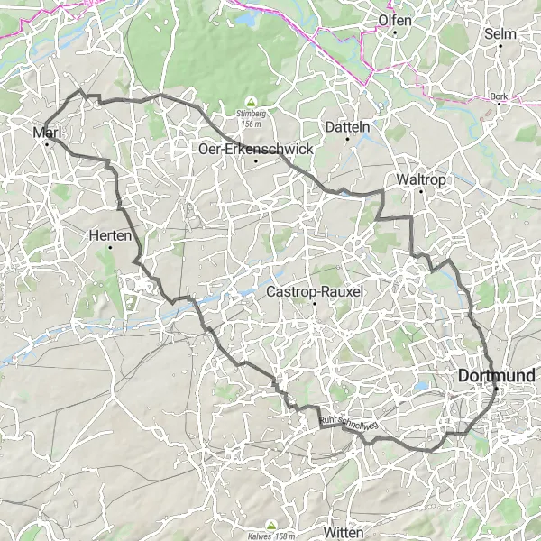 Map miniature of "The Adventure Road Cycling Route from Marl to Strünkede" cycling inspiration in Münster, Germany. Generated by Tarmacs.app cycling route planner