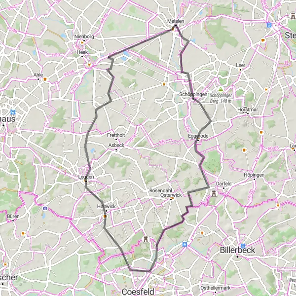 Map miniature of "Scenic Schöppingen Loop" cycling inspiration in Münster, Germany. Generated by Tarmacs.app cycling route planner