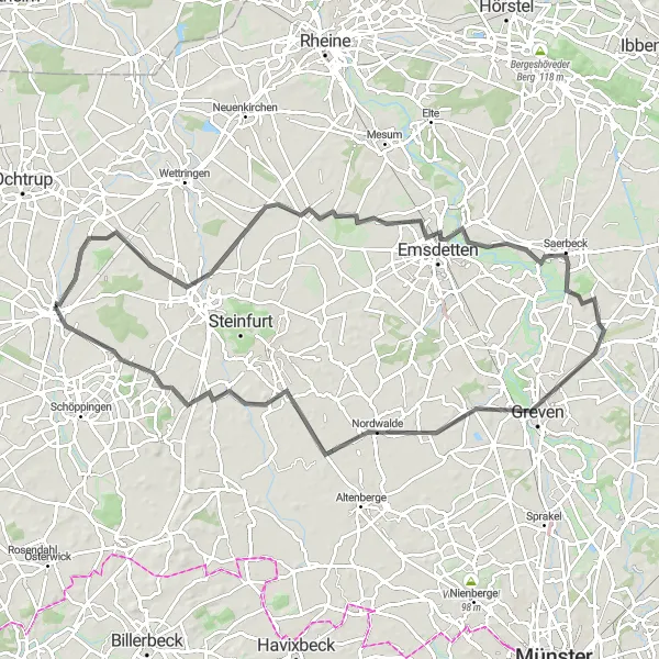Karten-Miniaturansicht der Radinspiration "Rundtour von Metelen nach Leer und zurück" in Münster, Germany. Erstellt vom Tarmacs.app-Routenplaner für Radtouren