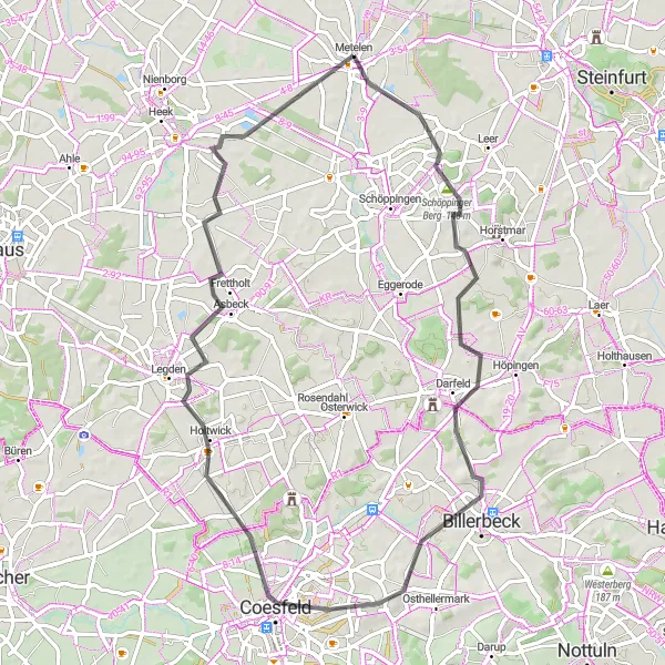 Map miniature of "Challenging Coesfeld Circuit" cycling inspiration in Münster, Germany. Generated by Tarmacs.app cycling route planner