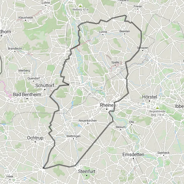 Map miniature of "The Hidden Gems of Münsterland" cycling inspiration in Münster, Germany. Generated by Tarmacs.app cycling route planner