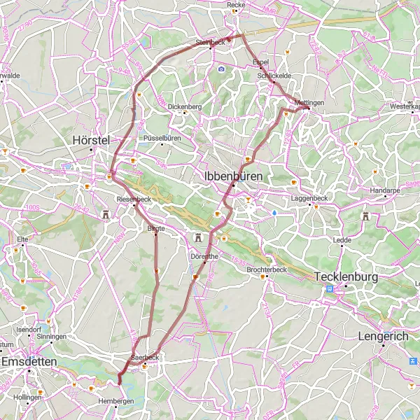Karten-Miniaturansicht der Radinspiration "Gravel-Tour durch die Natur von Mettingen nach Espel" in Münster, Germany. Erstellt vom Tarmacs.app-Routenplaner für Radtouren