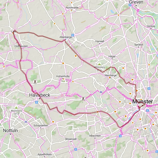 Karten-Miniaturansicht der Radinspiration "Gravel-Tour zu den Hügeln von Münster" in Münster, Germany. Erstellt vom Tarmacs.app-Routenplaner für Radtouren