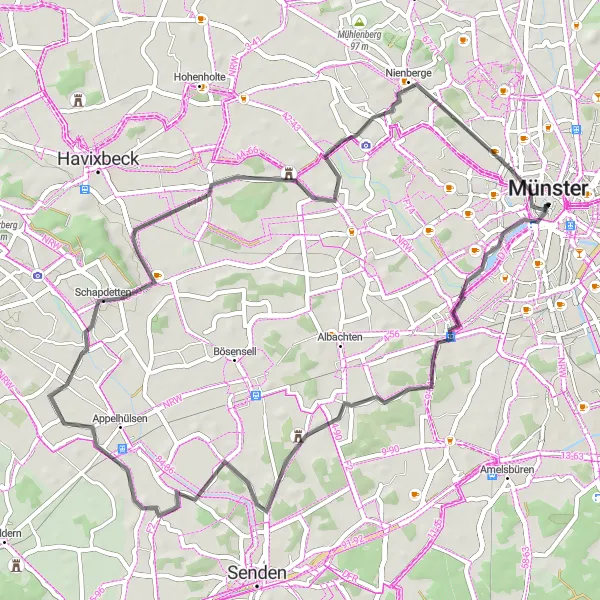 Map miniature of "Hidden Gems of Münster" cycling inspiration in Münster, Germany. Generated by Tarmacs.app cycling route planner