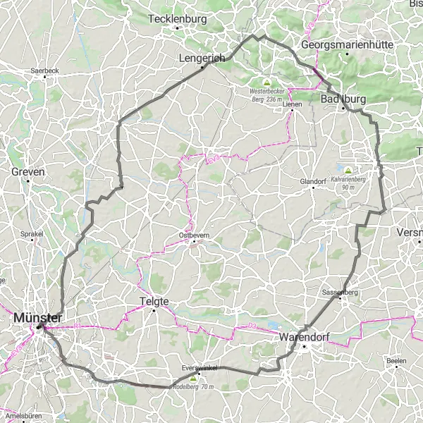 Map miniature of "Münster's Hinterland Tour" cycling inspiration in Münster, Germany. Generated by Tarmacs.app cycling route planner