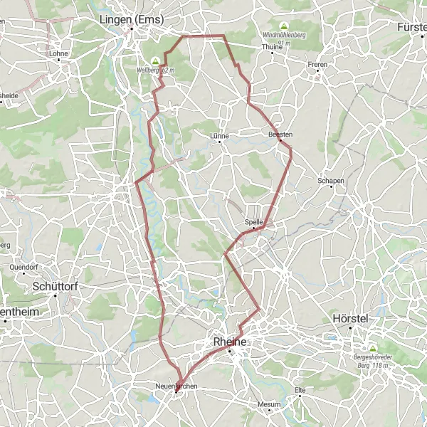 Map miniature of "Gravel Adventure from Neuenkirchen" cycling inspiration in Münster, Germany. Generated by Tarmacs.app cycling route planner