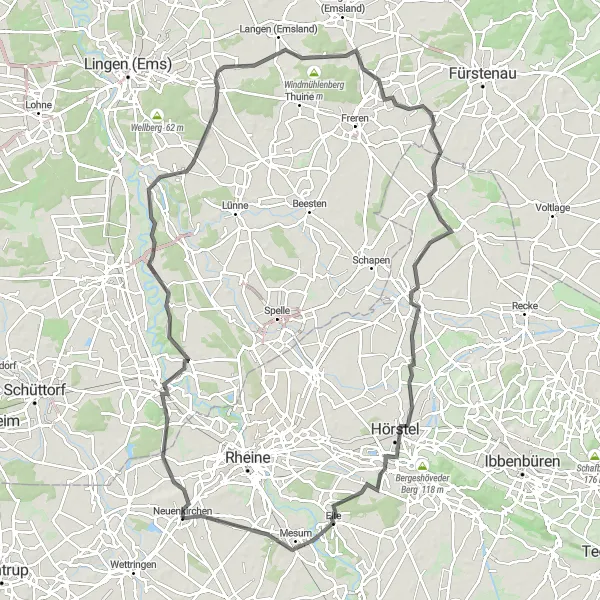 Map miniature of "Scenic Road Cycling near Neuenkirchen" cycling inspiration in Münster, Germany. Generated by Tarmacs.app cycling route planner