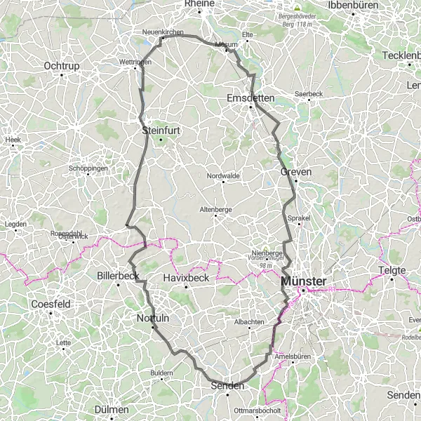 Map miniature of "Historical Road Trip from Neuenkirchen" cycling inspiration in Münster, Germany. Generated by Tarmacs.app cycling route planner