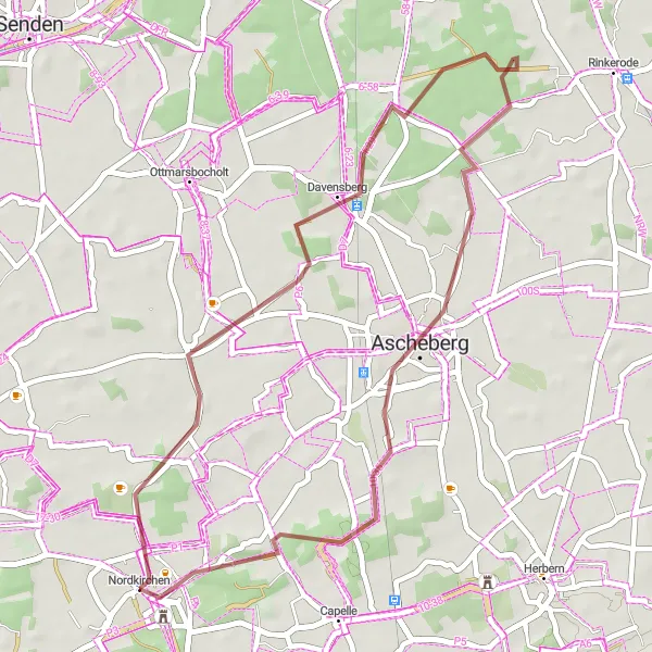 Map miniature of "Nordkirchen Gravel Loop" cycling inspiration in Münster, Germany. Generated by Tarmacs.app cycling route planner