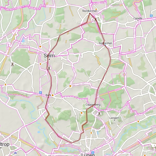 Map miniature of "Nordkirchen Circular Gravel Tour" cycling inspiration in Münster, Germany. Generated by Tarmacs.app cycling route planner