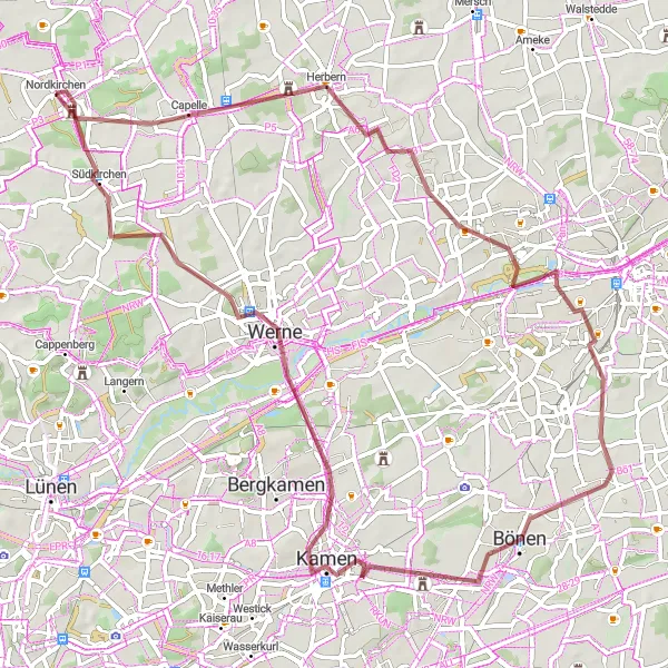 Map miniature of "Hidden Gem Gravel Tour" cycling inspiration in Münster, Germany. Generated by Tarmacs.app cycling route planner