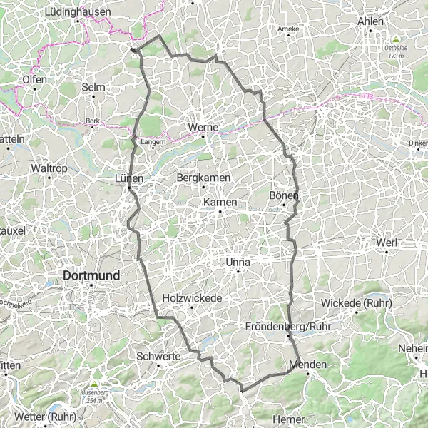 Map miniature of "Nordkirchen to Lünen Road Cycling Adventure" cycling inspiration in Münster, Germany. Generated by Tarmacs.app cycling route planner