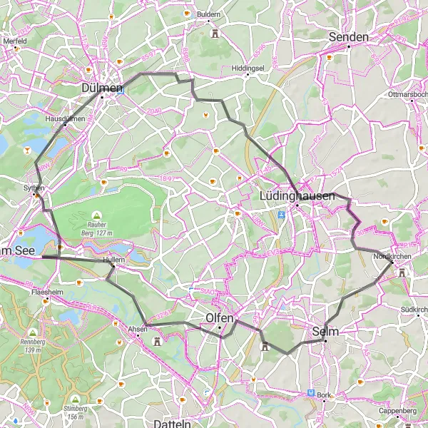 Map miniature of "Scenic Road Loop" cycling inspiration in Münster, Germany. Generated by Tarmacs.app cycling route planner